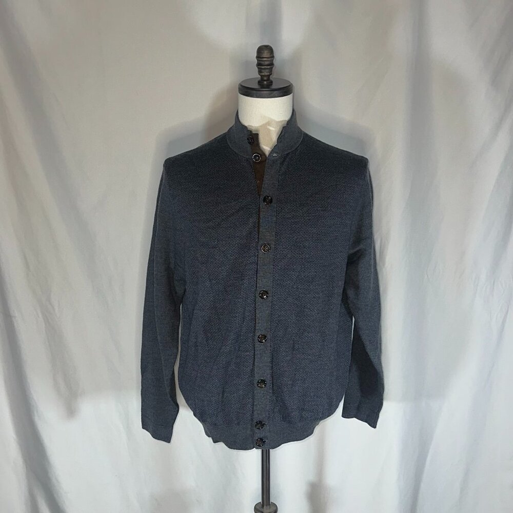 Turtleson - 100% Extra Fine Merino Wool Cardigan Sweater Blue Button Up Medium